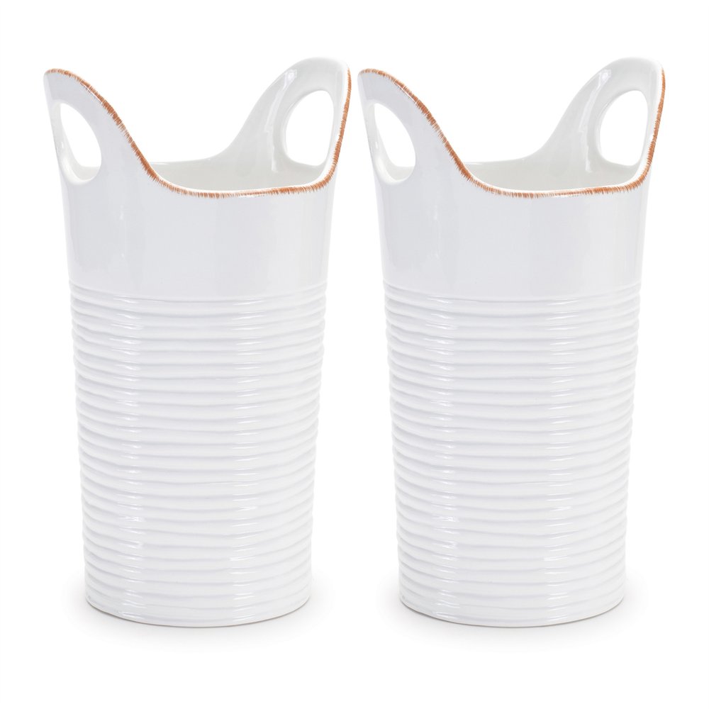 Set of Two White And Beige Ceramic Round Table Vases