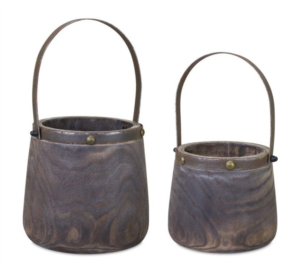 Set of Two Brown Steel And Wood 20 Ounce Round Distressed Pot Planters