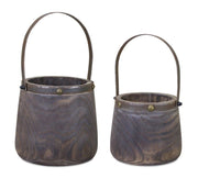 Set of Two Brown Steel And Wood 20 Ounce Round Distressed Pot Planters