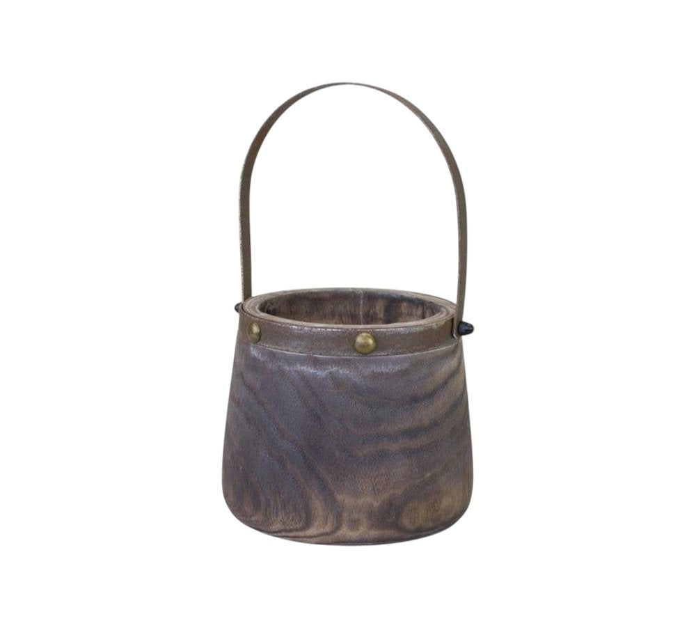 Set of Two Brown Steel And Wood 20 Ounce Round Distressed Pot Planters