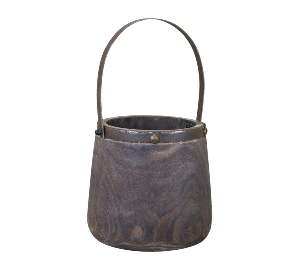 Set of Two Brown Steel And Wood 20 Ounce Round Distressed Pot Planters