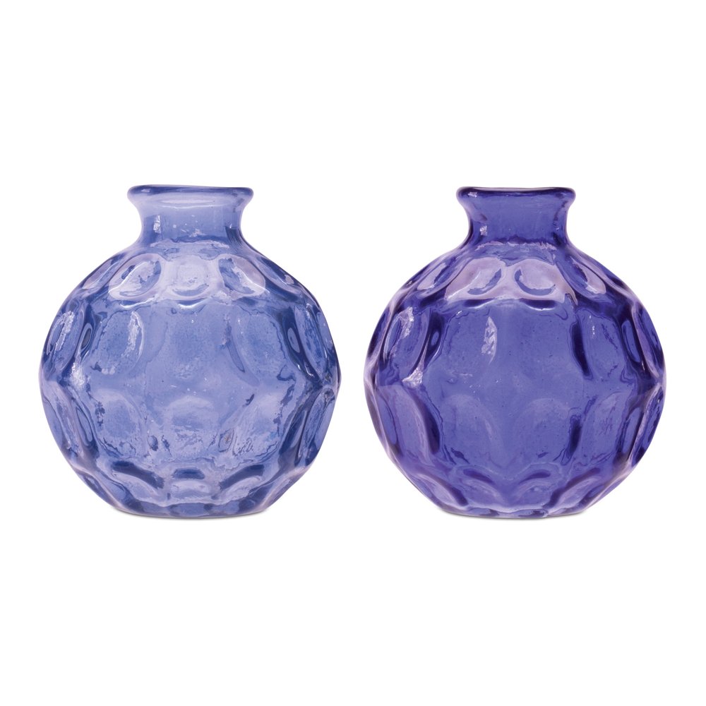 Set of Two Blue Glass Round Table Vases