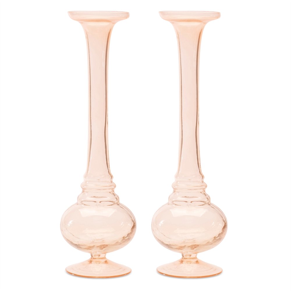 Set of Two 11" Pink Glass Trumpet Table Vases