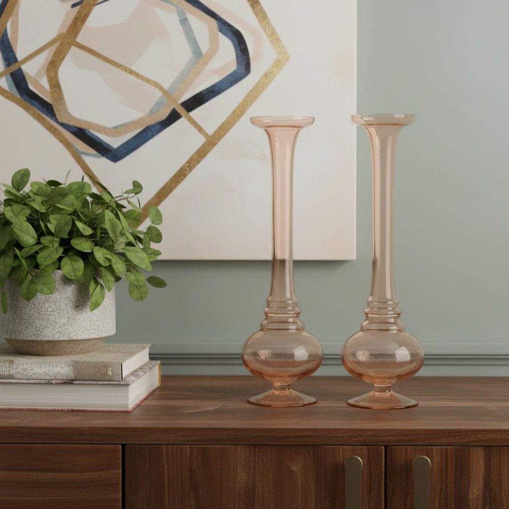 Set of Two 11" Pink Glass Trumpet Table Vases