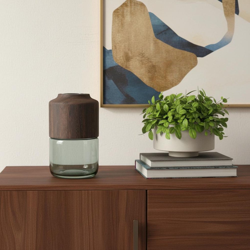 11" Brown And Sage Glass Round Table Vase With Wood