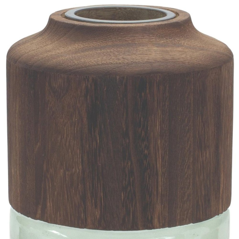 11" Brown And Sage Glass Round Table Vase With Wood