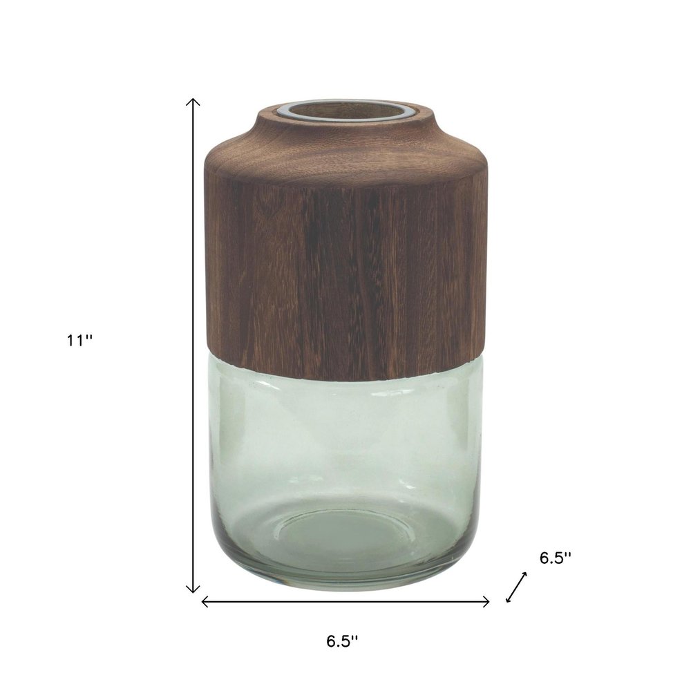 11" Brown And Sage Glass Round Table Vase With Wood