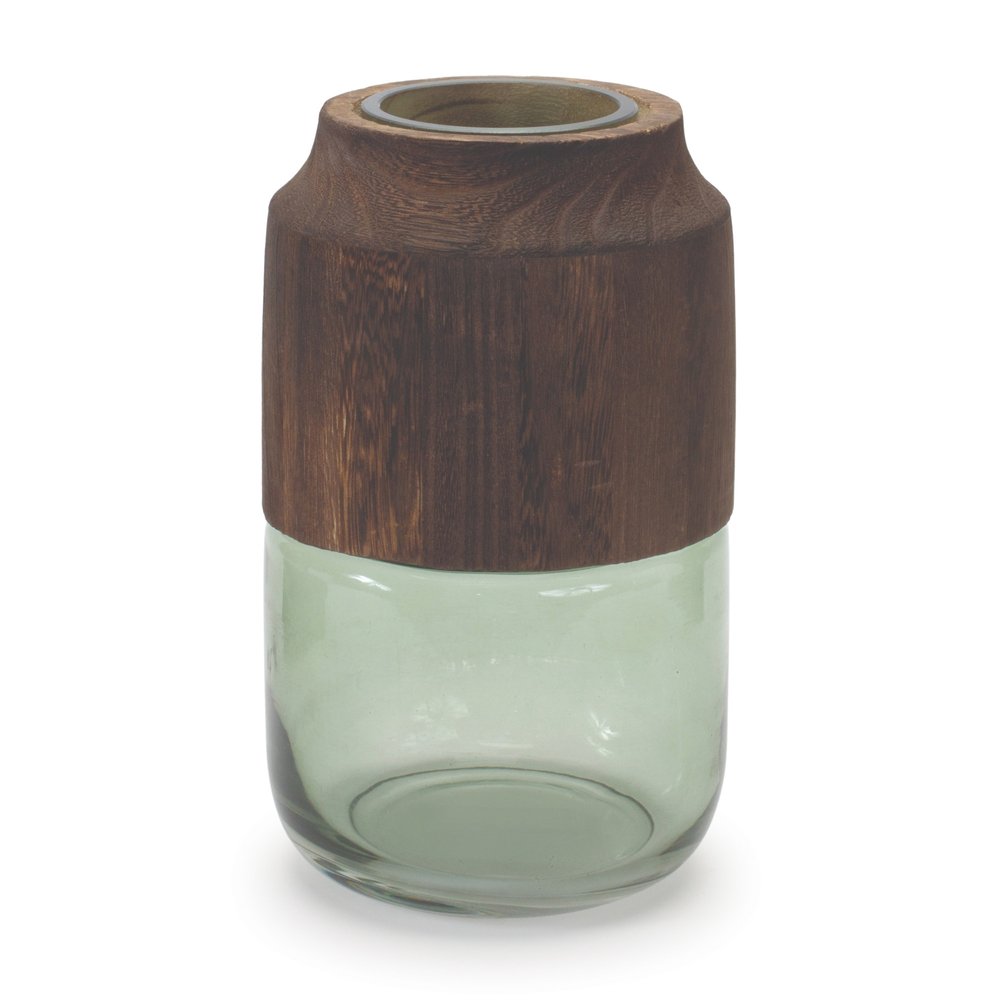 9" Brown And Sage Glass Cylindrical Table Vase With Wood
