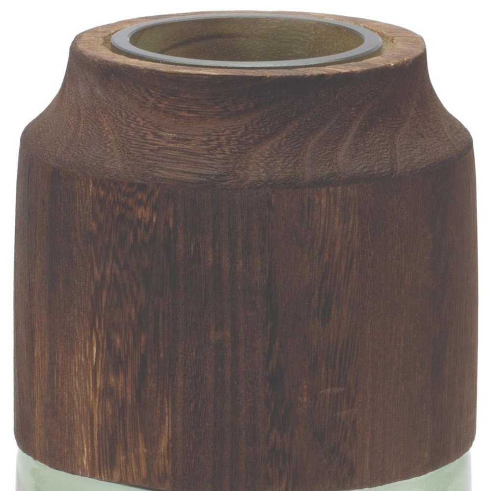 9" Brown And Sage Glass Cylindrical Table Vase With Wood