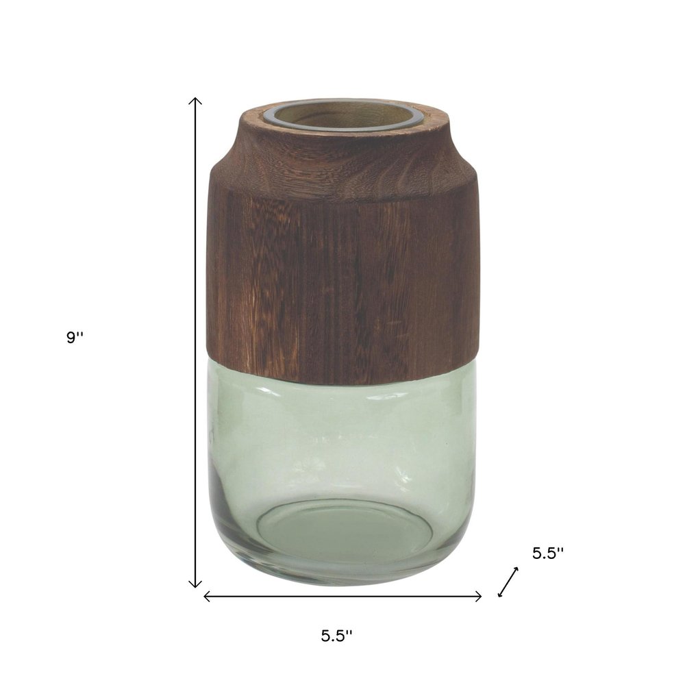 9" Brown And Sage Glass Cylindrical Table Vase With Wood