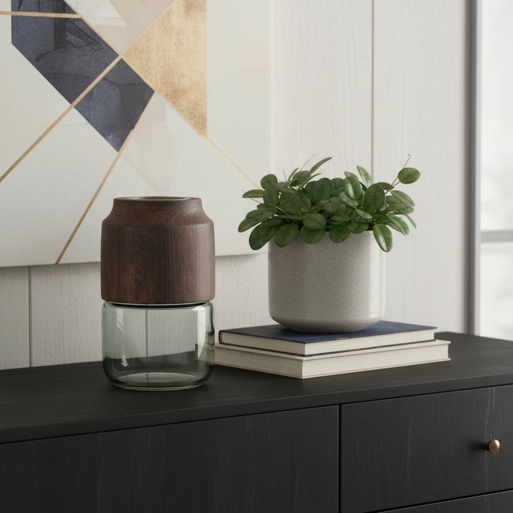9" Brown And Sage Glass Cylindrical Table Vase With Wood