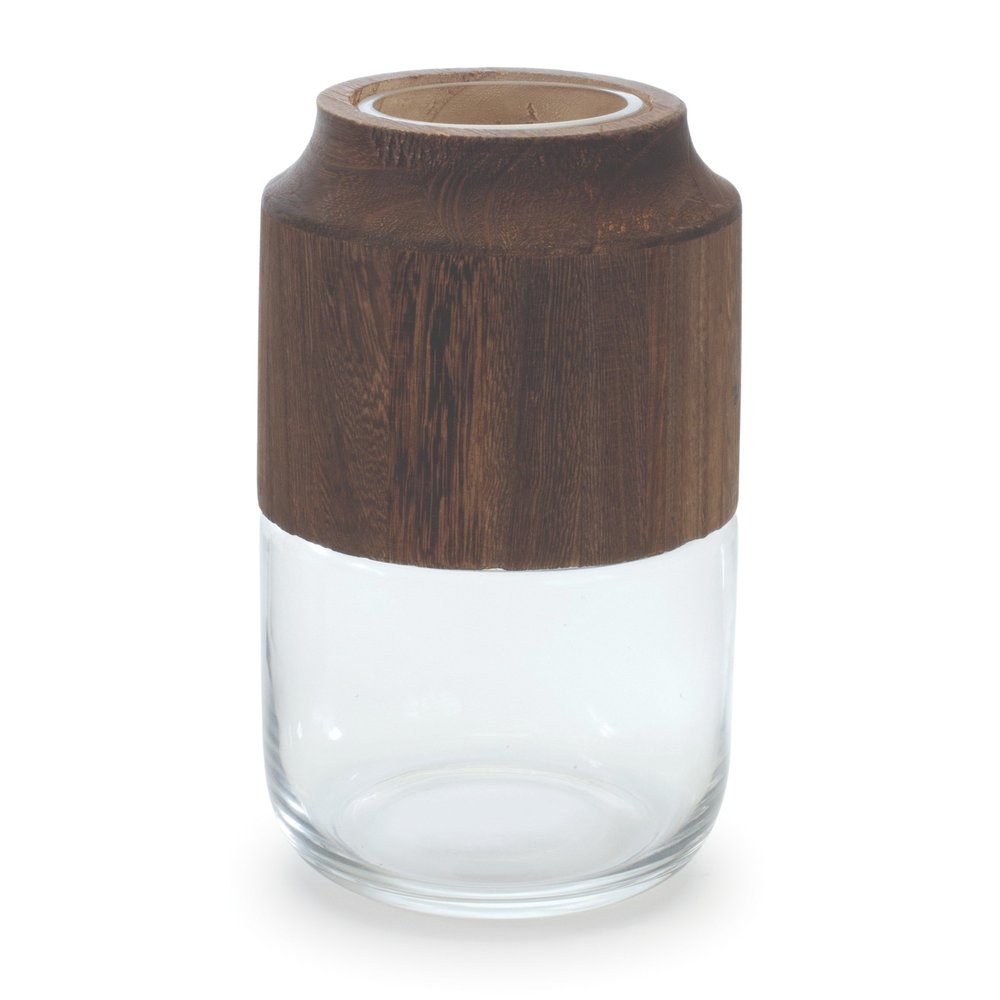 9" Brown And Clear Glass Round Table Vase With Wood