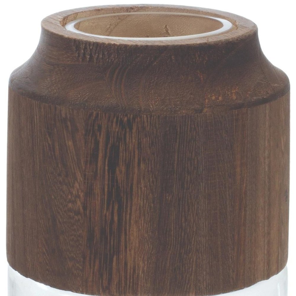 9" Brown And Clear Glass Round Table Vase With Wood