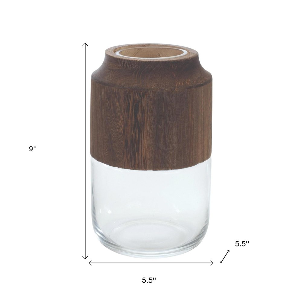 9" Brown And Clear Glass Round Table Vase With Wood