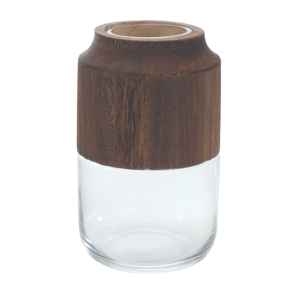 9" Brown And Clear Glass Round Table Vase With Wood