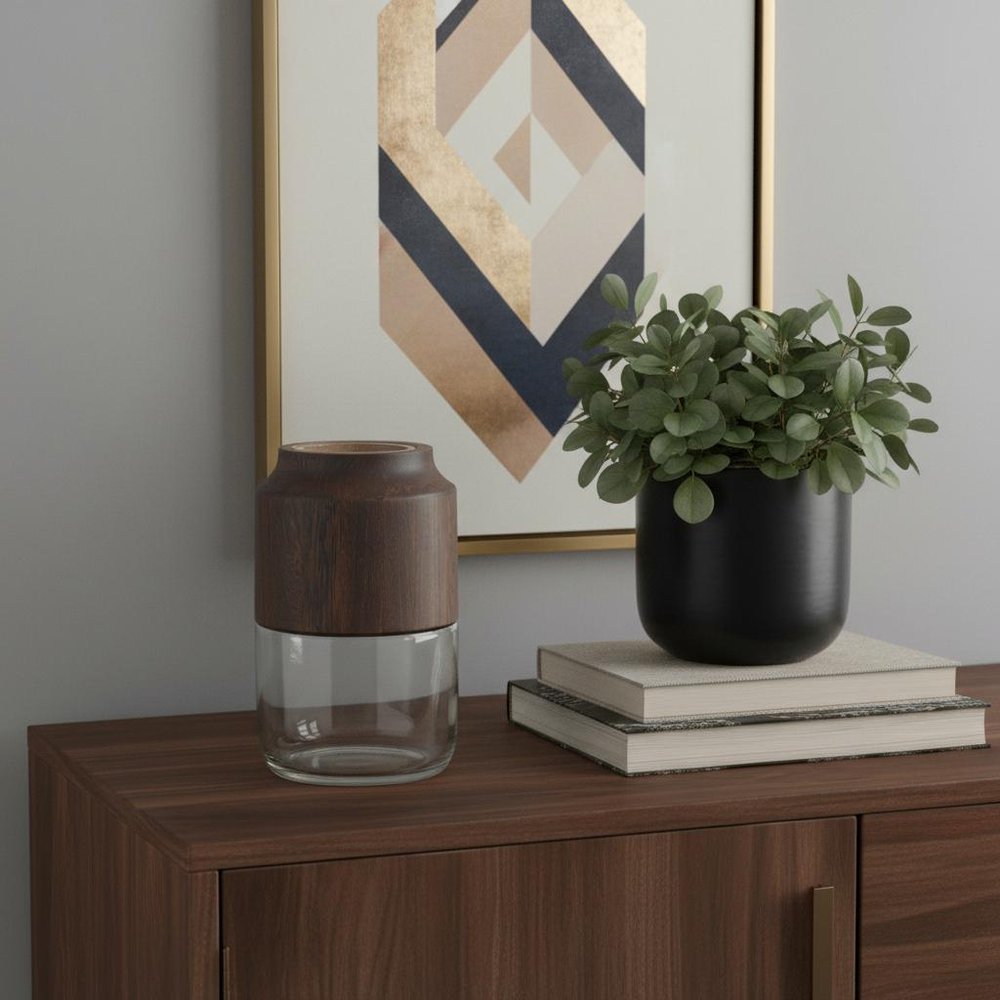 9" Brown And Clear Glass Round Table Vase With Wood