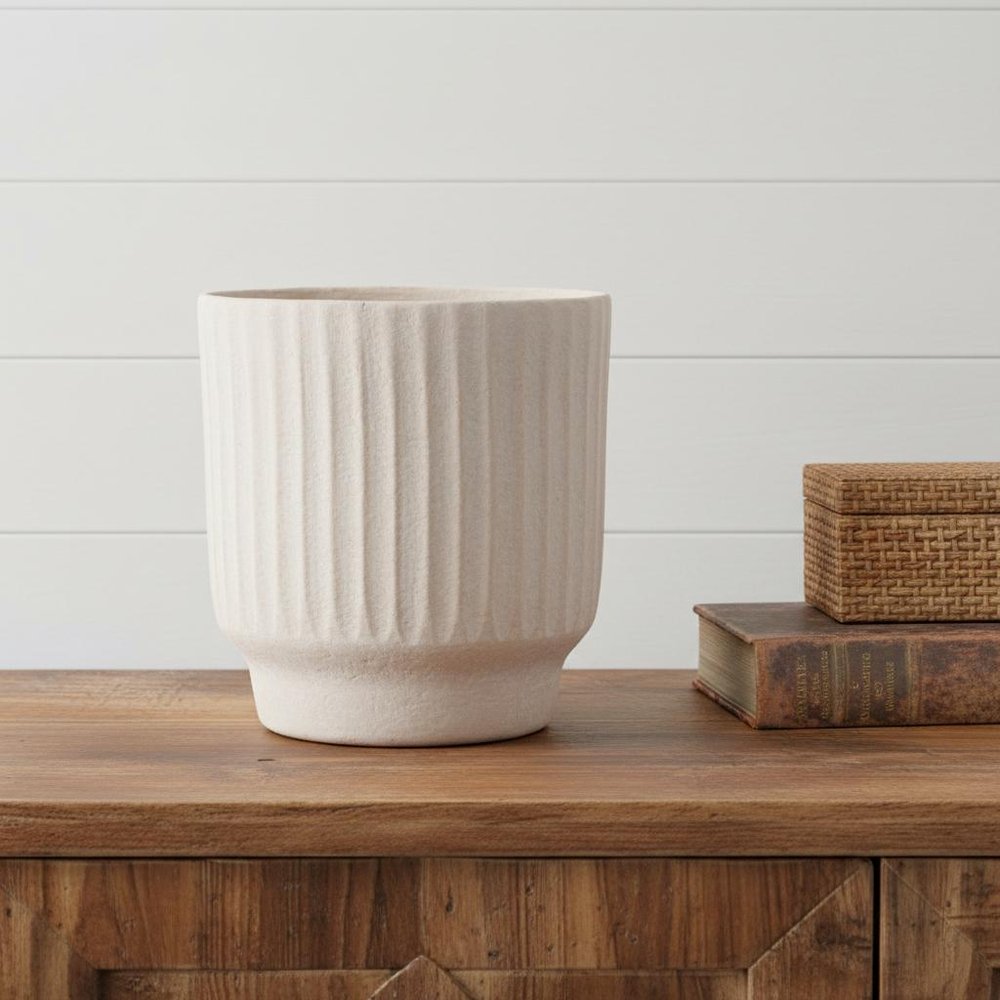 8" Beige Recycled Paper Textured Lines Urn Table Vase