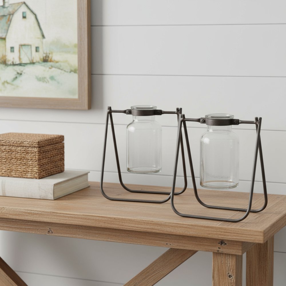Set of Two Clear And Brown Glass And Metal Round Table Vases