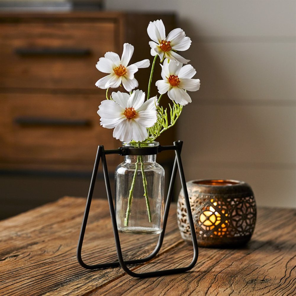 Set of Two Clear And Brown Glass And Metal Round Table Vases
