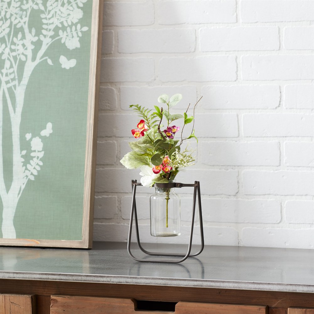 Set of Two Clear And Brown Glass And Metal Round Table Vases