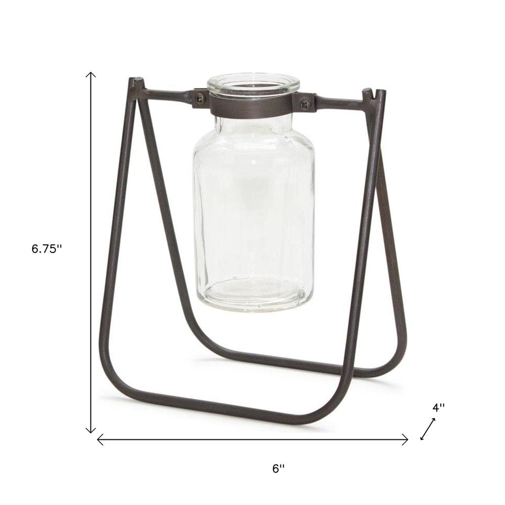 Set of Two Clear And Brown Glass And Metal Round Table Vases