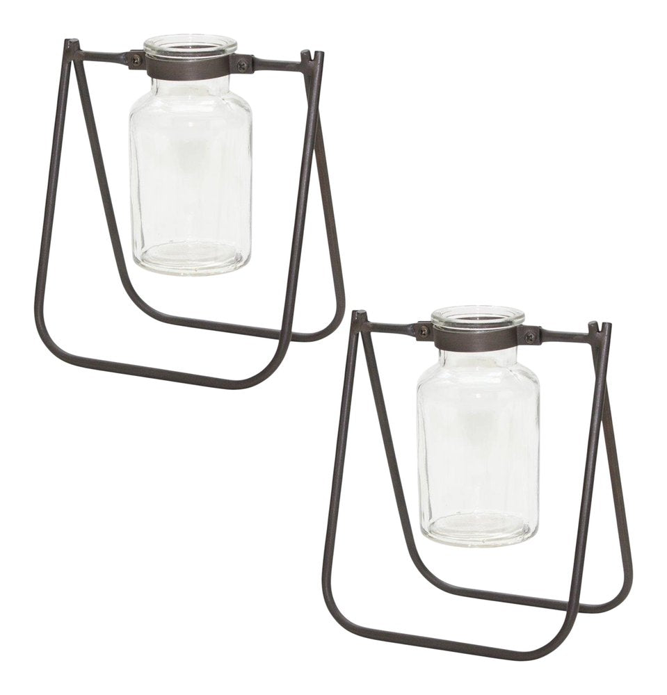Set of Two Clear And Brown Glass And Metal Round Table Vases