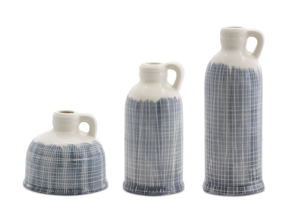 Set of Three Off White And Blue Clay Checkered Jug Vases