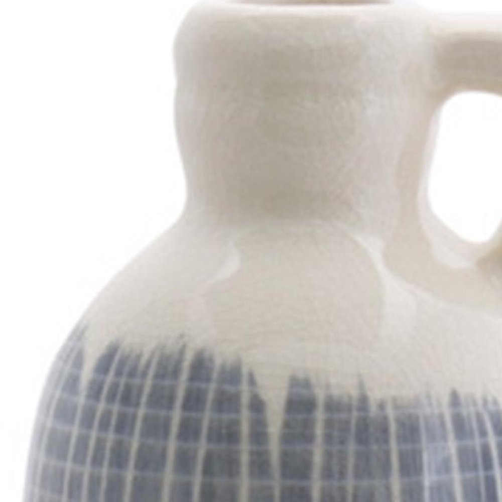 Set of Three Off White And Blue Clay Checkered Jug Vases