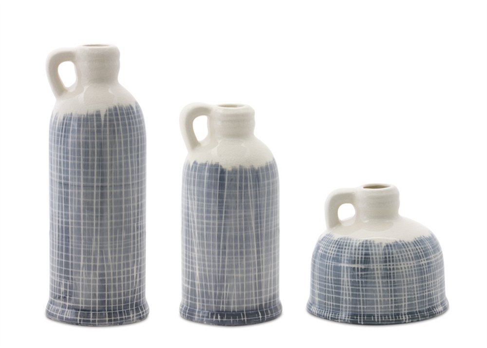Set of Three Off White And Blue Clay Checkered Jug Vases