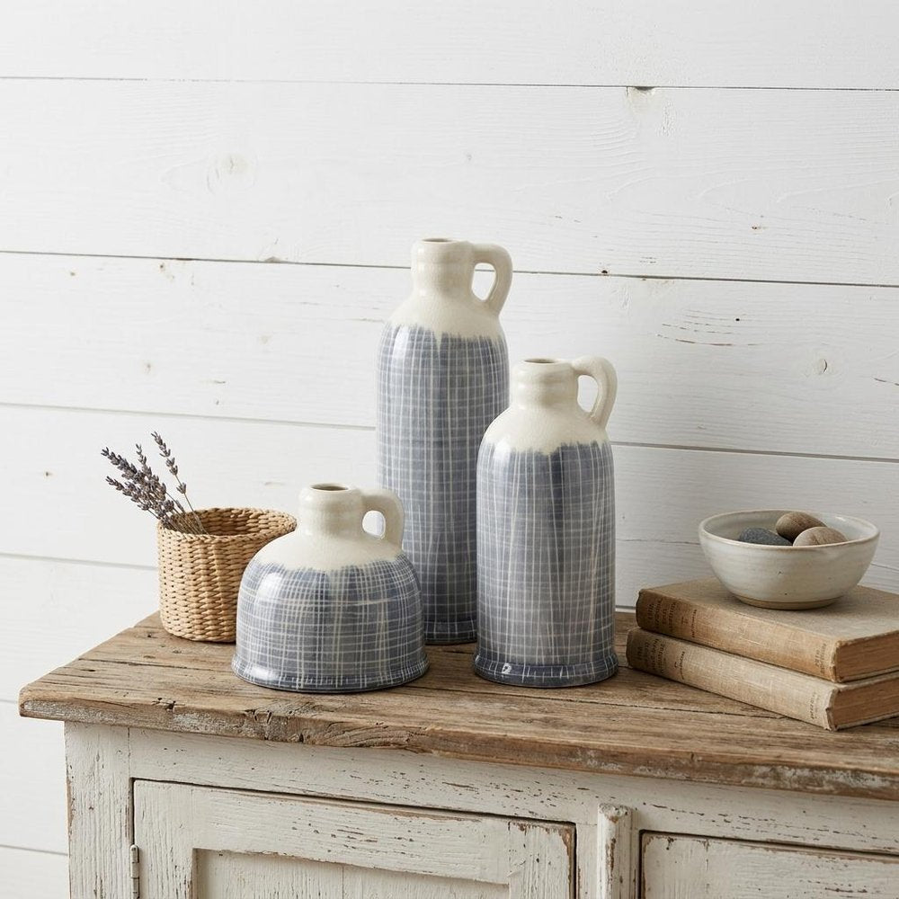Set of Three Off White And Blue Clay Checkered Jug Vases