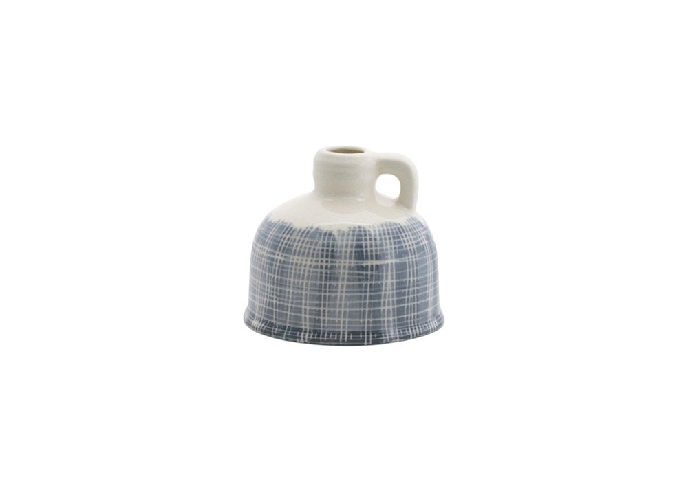 Set of Three Off White And Blue Clay Checkered Jug Vases