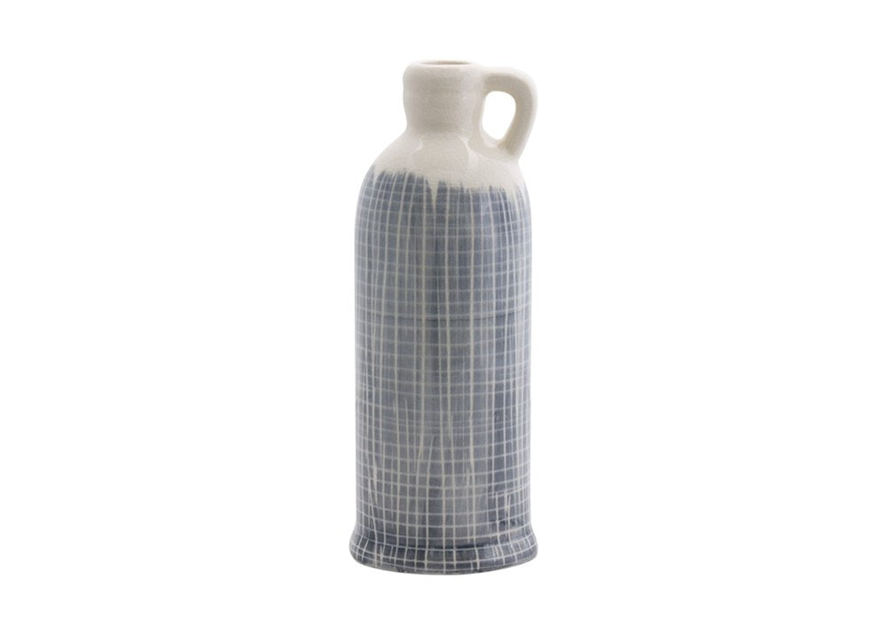 Set of Three Off White And Blue Clay Checkered Jug Vases