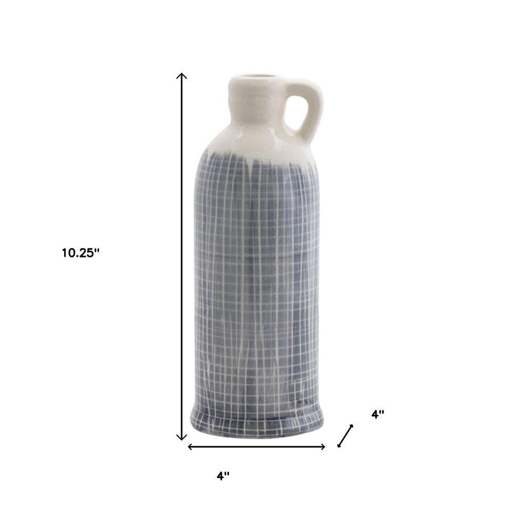Set of Three Off White And Blue Clay Checkered Jug Vases