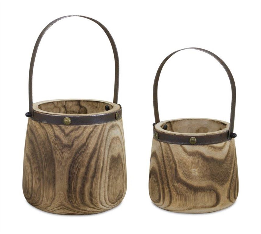 Set of Two Natural Wood And Steel Bucket Pot Planters