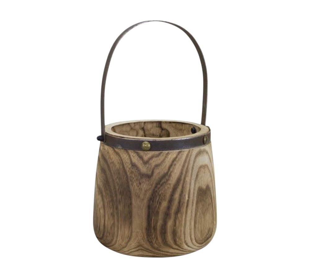Set of Two Natural Wood And Steel Bucket Pot Planters