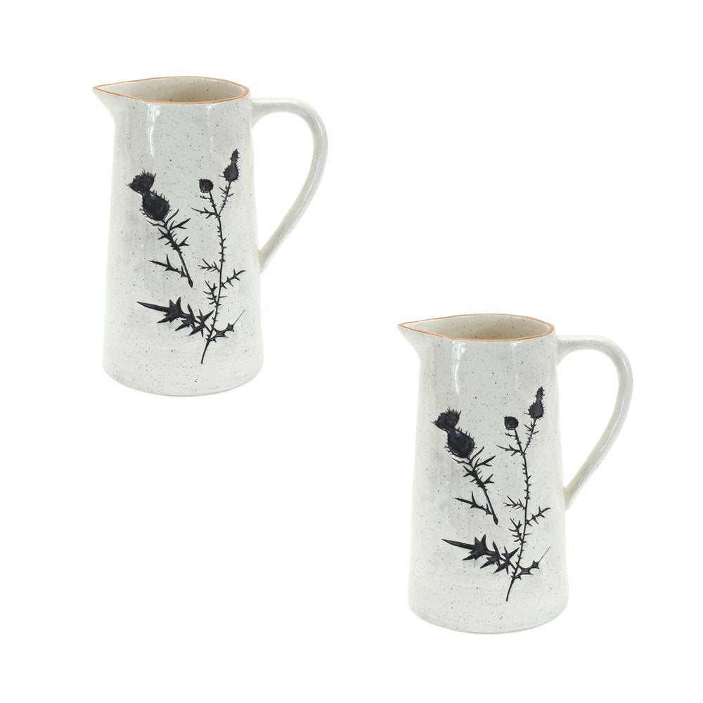 Set of Two Black And Off White Floral Ceramic Cylinder Pitcher Vase