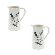 Set of Two Black And Off White Floral Ceramic Cylinder Pitcher Vase
