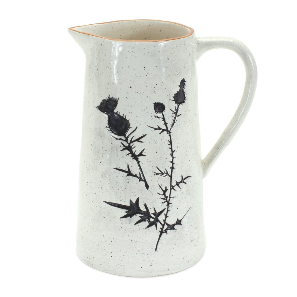Set of Two Black And Off White Floral Ceramic Cylinder Pitcher Vase