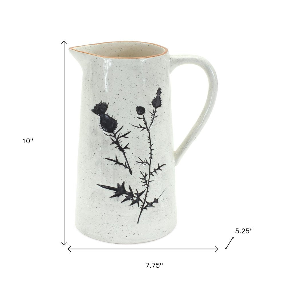 Set of Two Black And Off White Floral Ceramic Cylinder Pitcher Vase