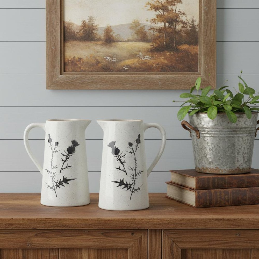 Set of Two Black And Off White Floral Ceramic Cylinder Pitcher Vase