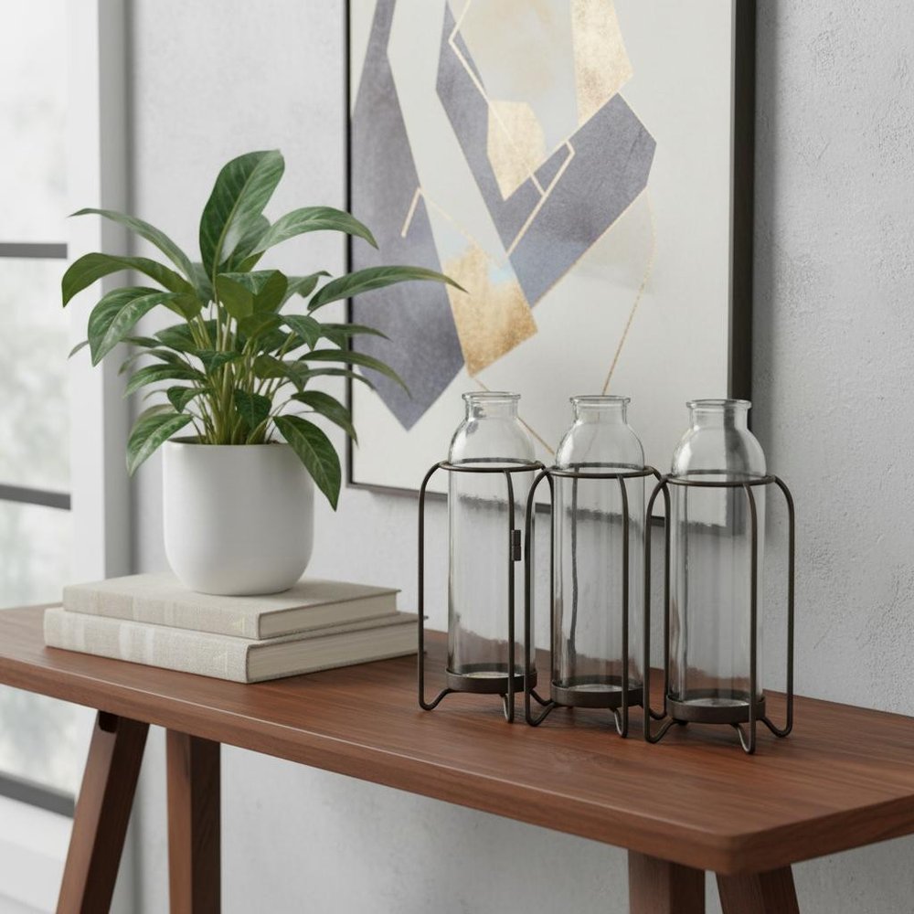 8" Black And Clear Glass And Metal Triple Test Tube Table Vase