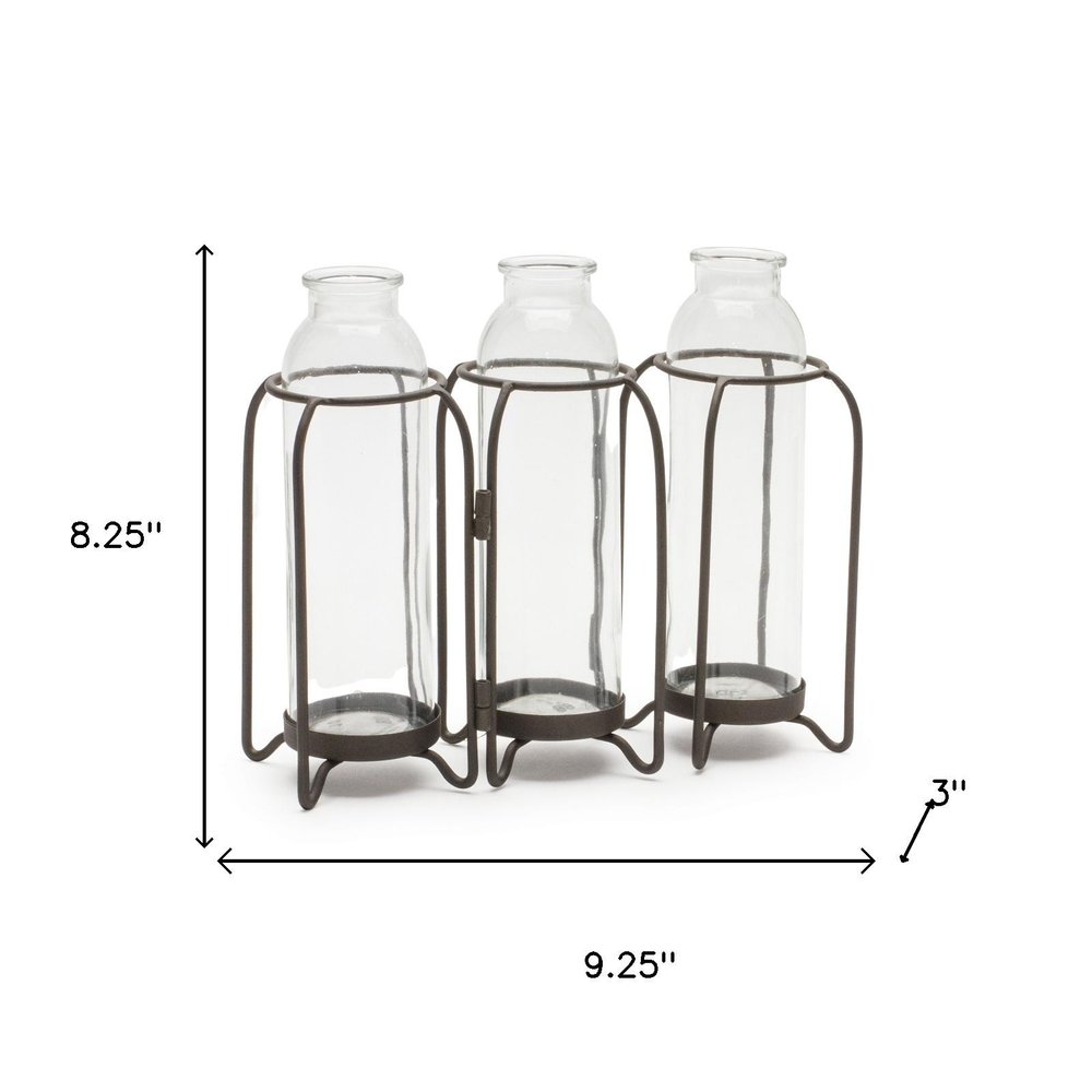 8" Black And Clear Glass And Metal Triple Test Tube Table Vase