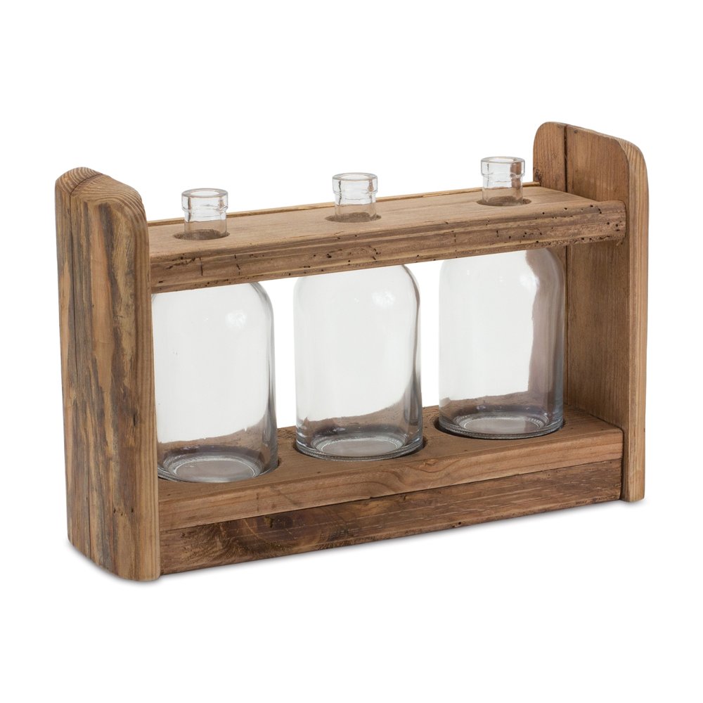 10" Clear And Brown Glass And Wood Three Bottle Table Vase