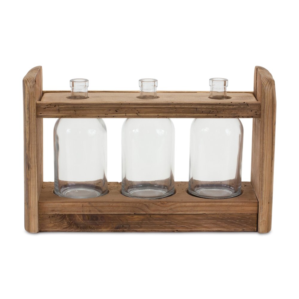 10" Clear And Brown Glass And Wood Three Bottle Table Vase