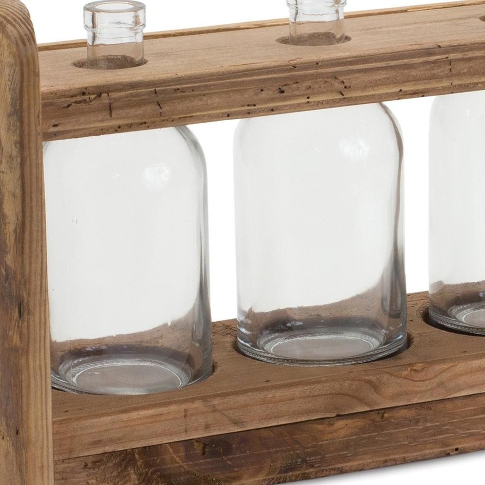 10" Clear And Brown Glass And Wood Three Bottle Table Vase