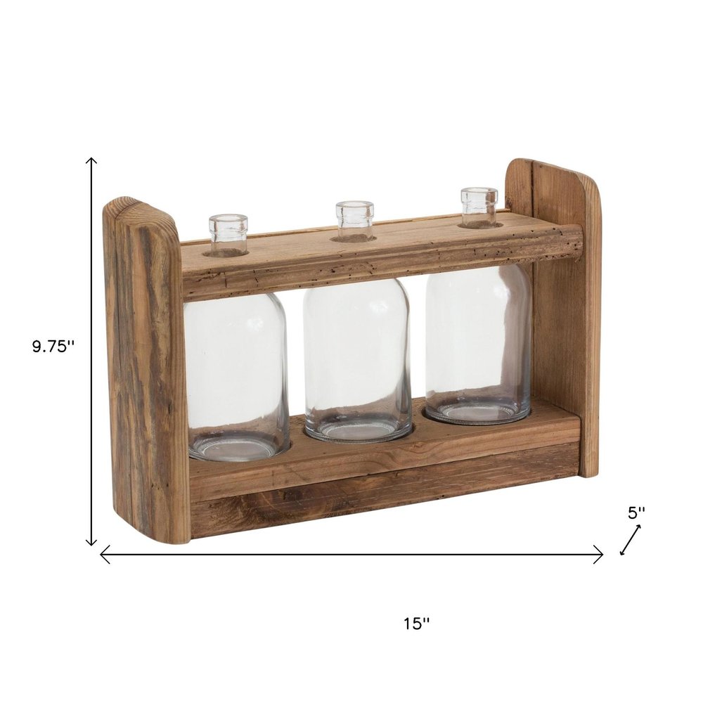 10" Clear And Brown Glass And Wood Three Bottle Table Vase
