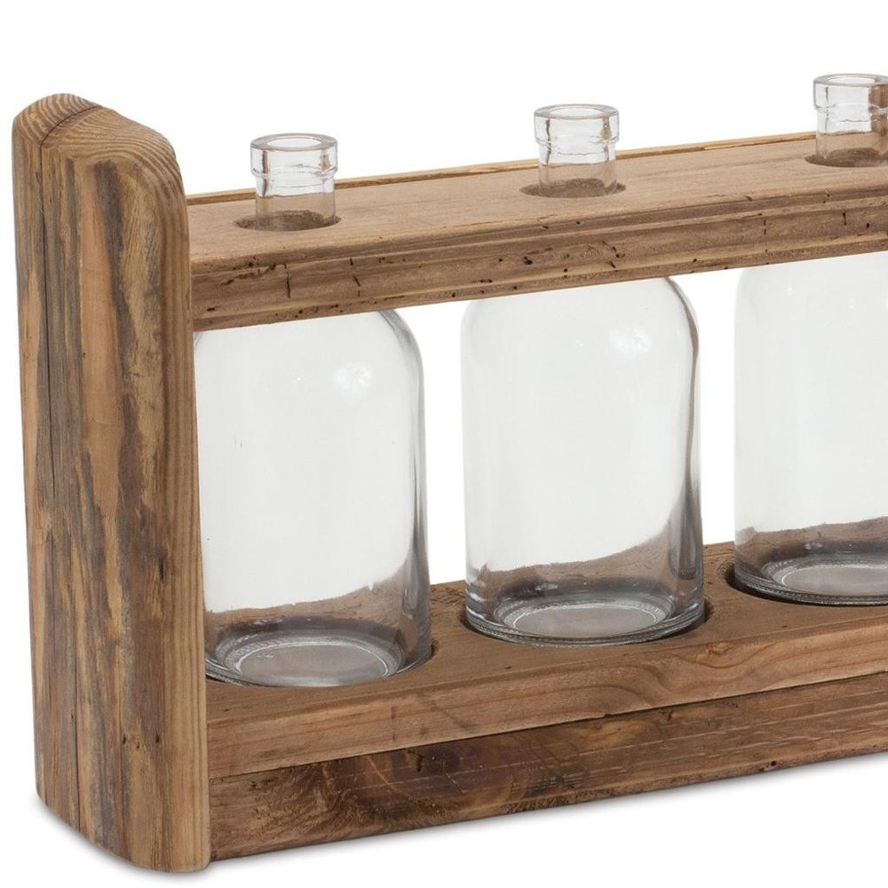 10" Clear And Brown Glass And Wood Three Bottle Table Vase