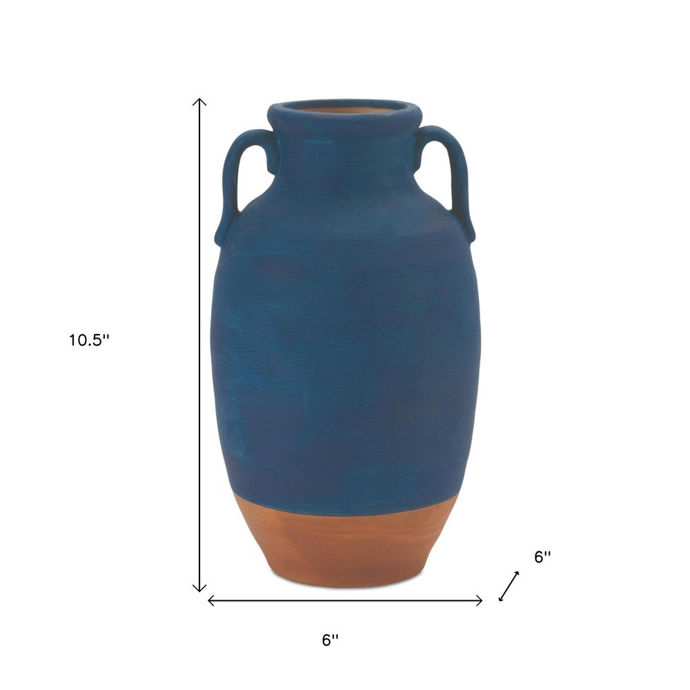 11" Blue And Terra Cotta Ceramic Urn Vase