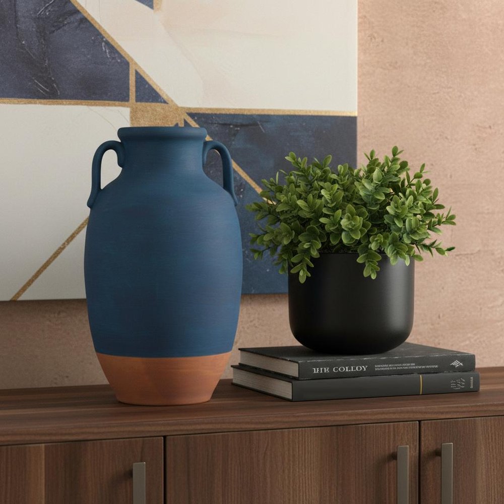 11" Blue And Terra Cotta Ceramic Urn Vase
