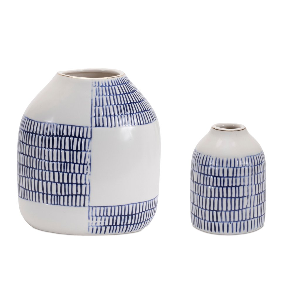 Set of Two Blue And White Checkered Ceramic Round Table Vases